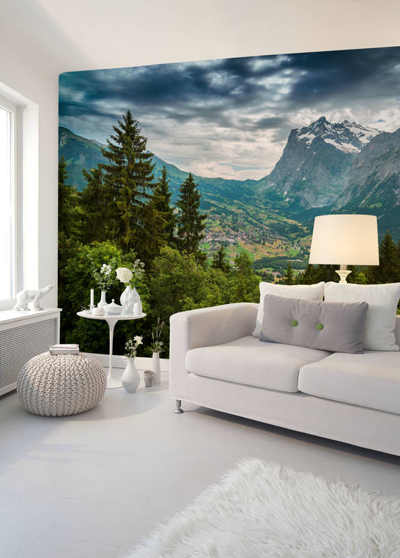             Motif wallpaper with mountain landscape - green, grey, blue
        