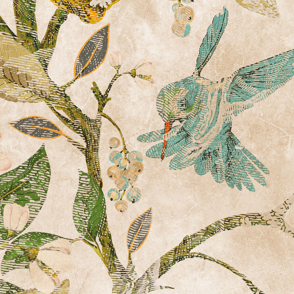             Nell'albero dei limoni 2 - Carta da parati in stile vintage con foglie e uccelli
        