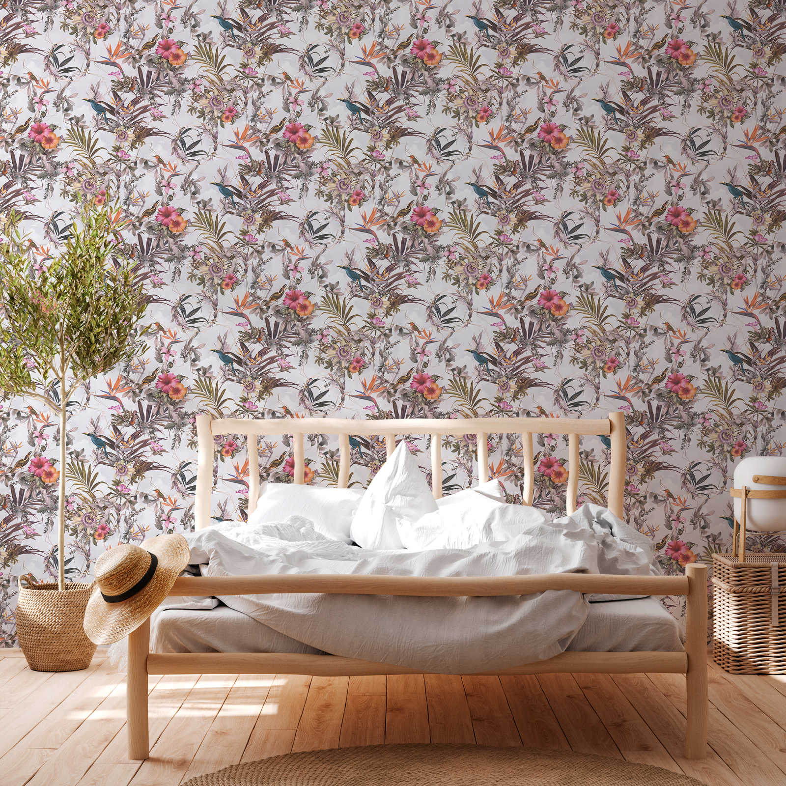             Watercolour style tropical flowers wallpaper - grey, green
        