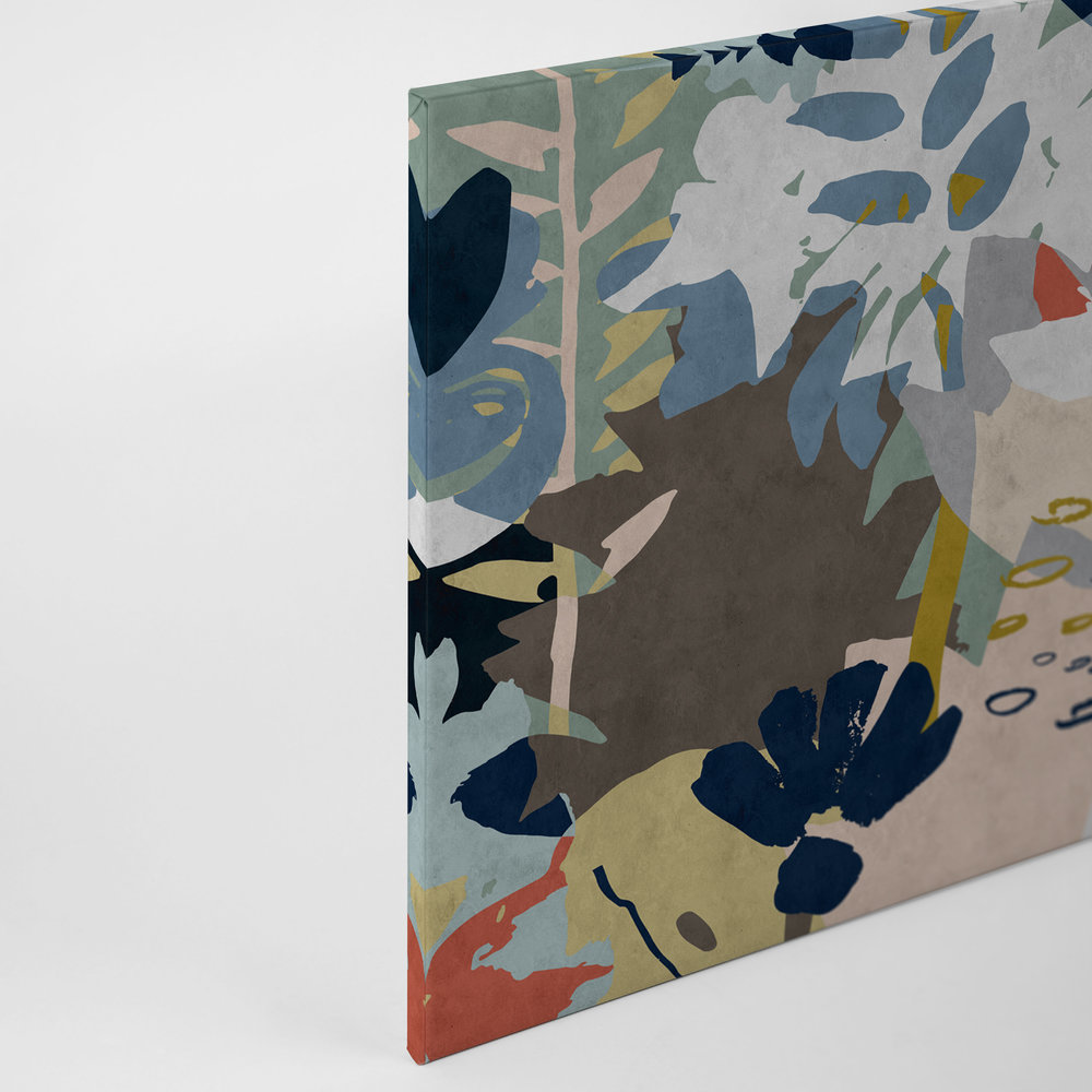             Bloemrijkcollage 4 - Canvas schilderij met kleurrijk bladmotief - vloeipapier structuur - 0.90 m x 0.60 m
        