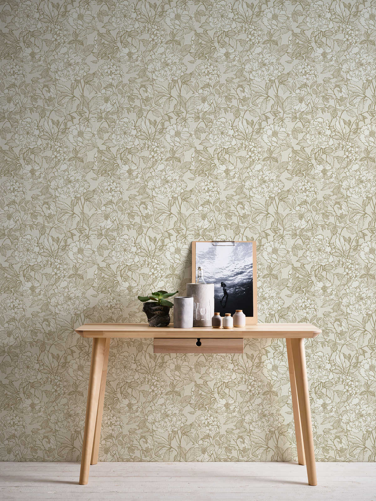            Papier peint intissé Rétro motif floral et aspect textile - beige
        