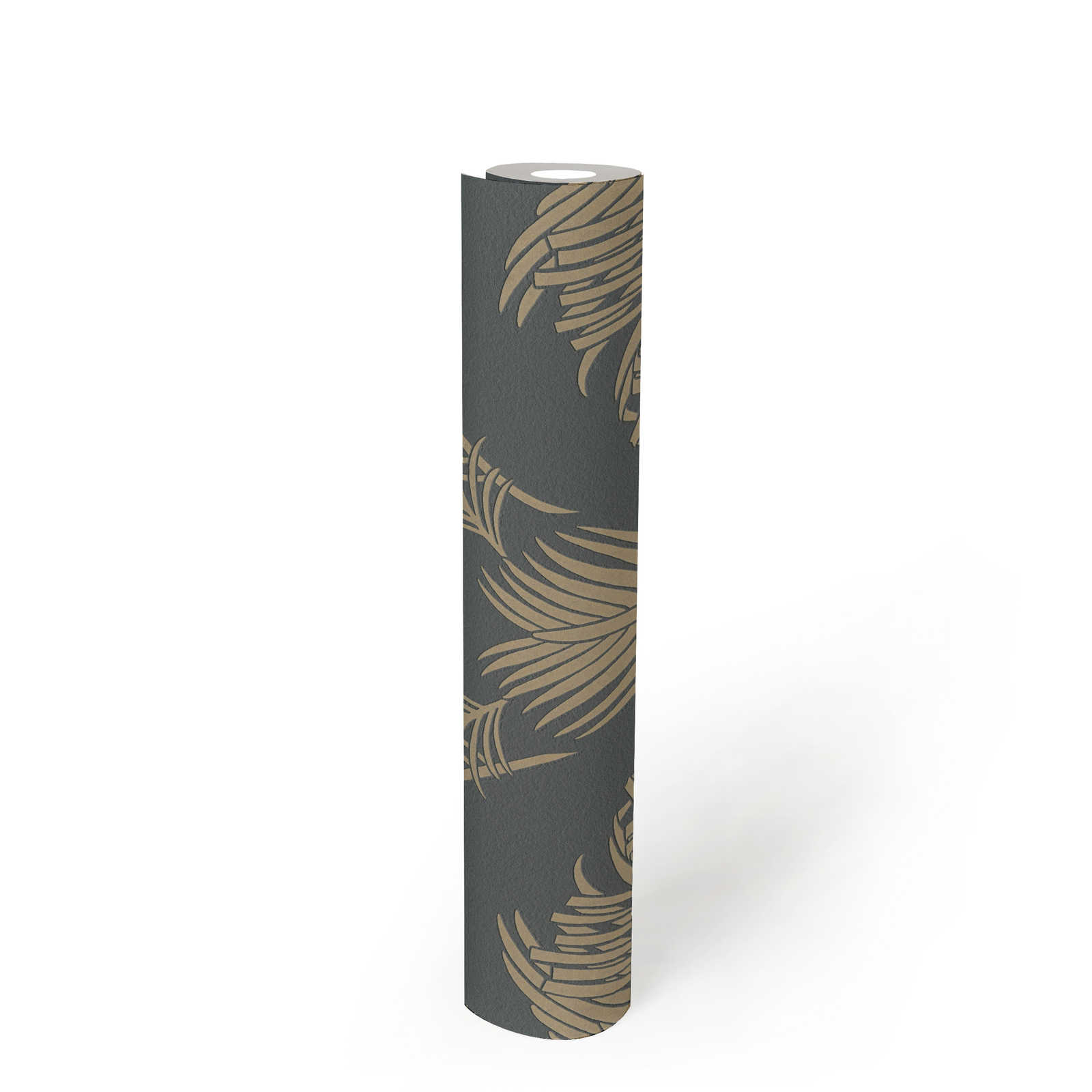             Papel pintado de hojas de palmera gris y dorado con estructura y efecto metálico
        