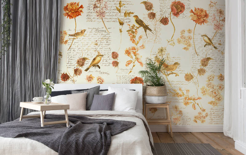             Muurschildering met bloemen & speels vintage design - oranje, wit, geel
        
