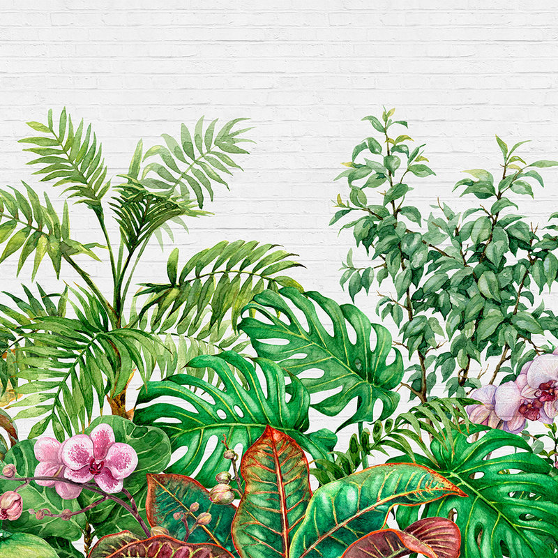 Motivo de pared con hojas de selva - Verde, blanco, rosa
