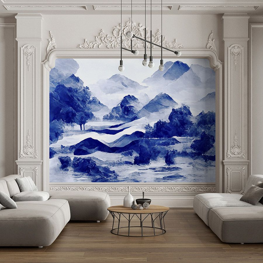 Photo wallpaper »tinterra 3« - Landscape with mountains & fog - Blue | Smooth, slightly pearly shimmering non-woven fabric

