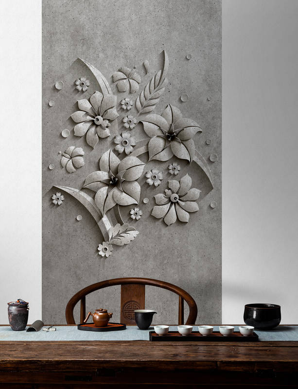             Relief panel 1 - photo wallpaper panel flower relief in concrete structure - grey, black | mother-of-pearl smooth fleece
        
