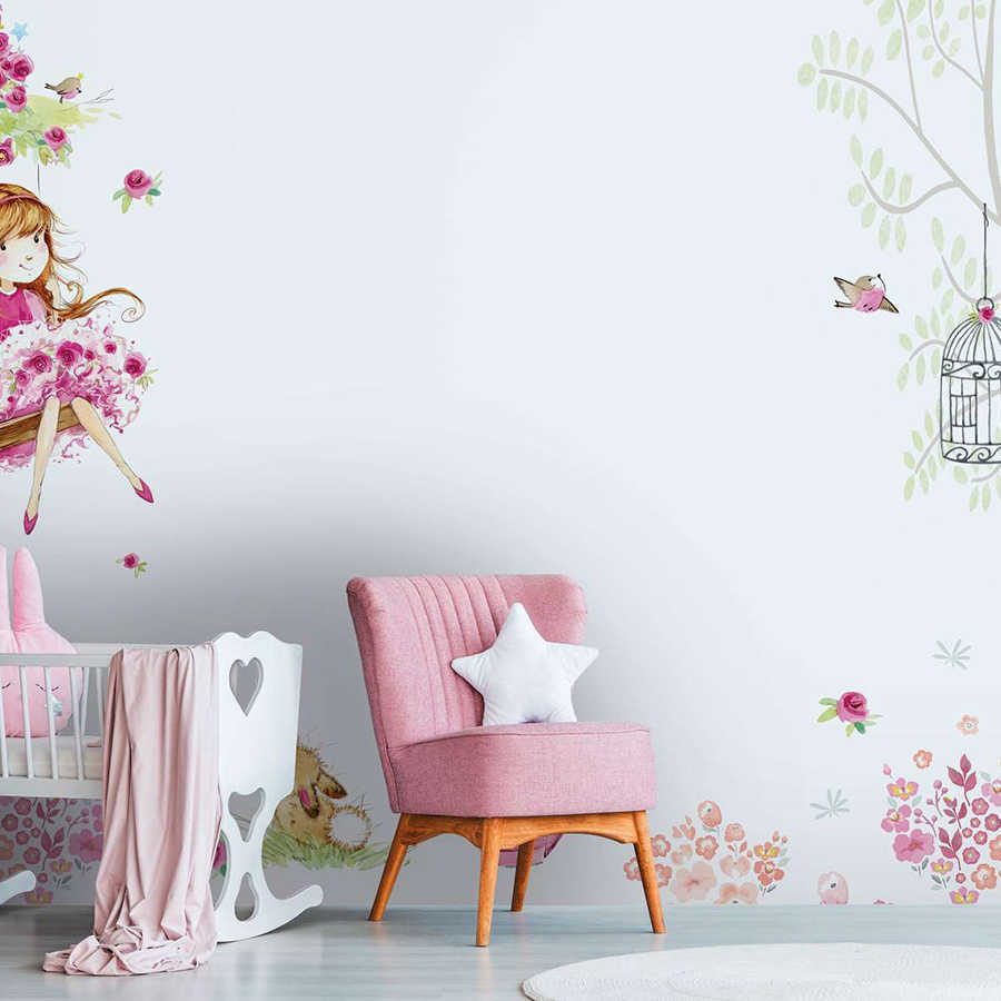 Papier peint panoramique chambre d'enfant avec princesse sur la balançoire et animaux - rose, blanc, vert
