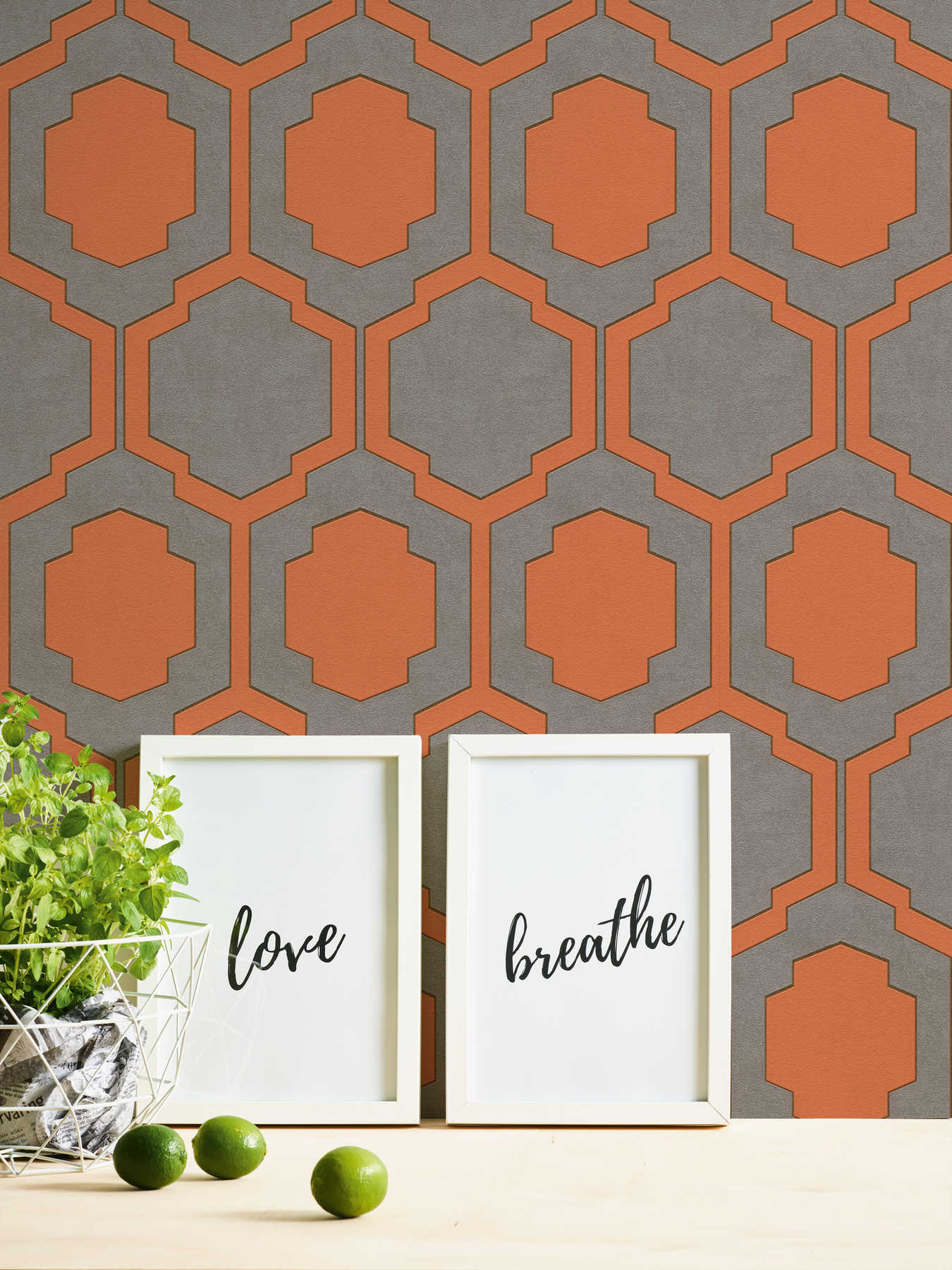             Pattern wallpaper retro look - orange, grey, beige
        