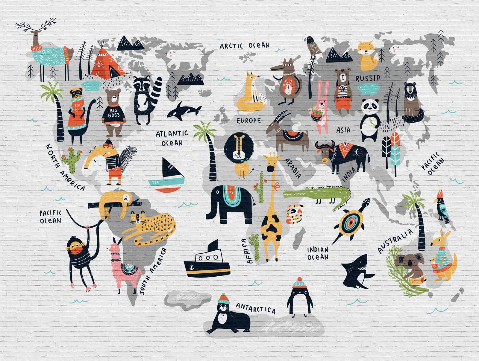             Nouveauté papier peint | Papier peint chambre d'enfant Carte du monde avec motifs d'animaux
        