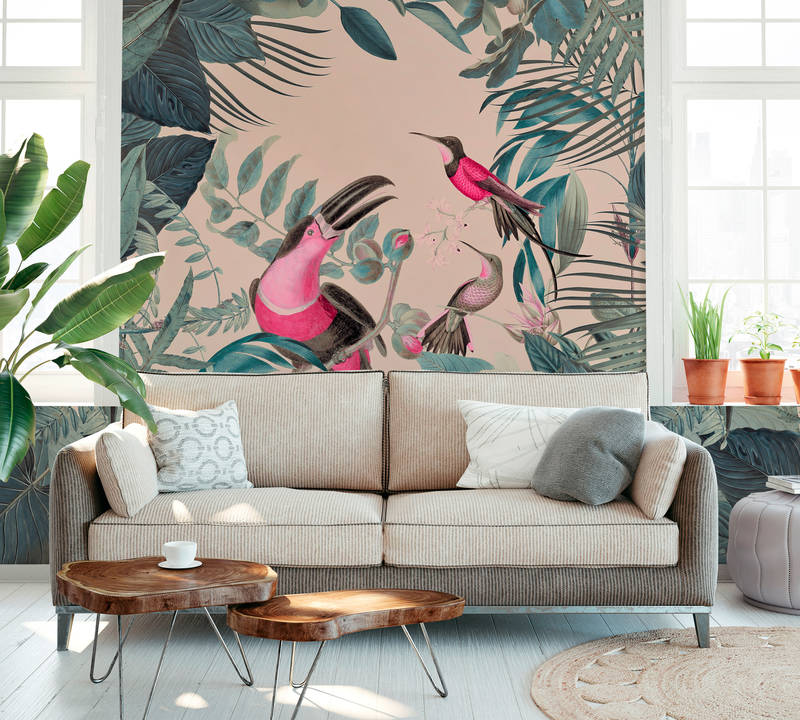             Papier peint jungle tropicale avec des oiseaux - vert, rose
        