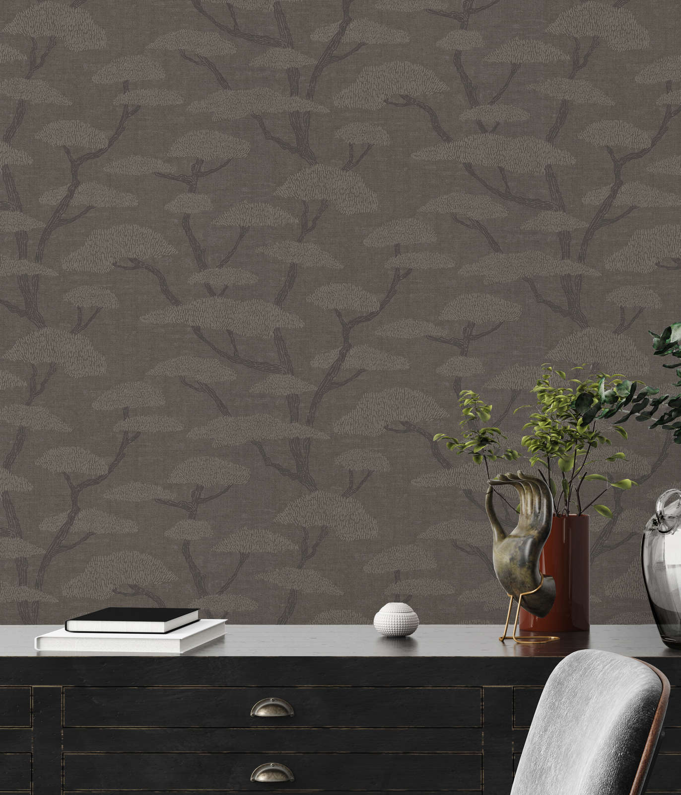             Anthracite wallpaper with tree motif in vintage style
        