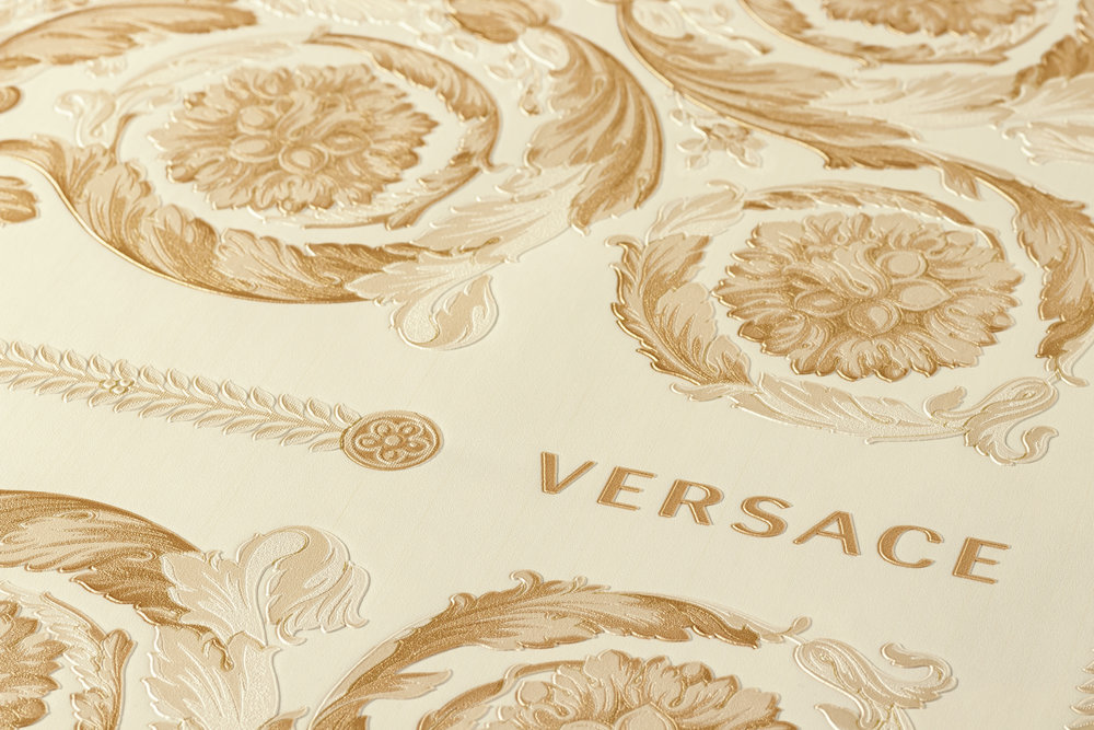             Papier peint luxueux VERSACE Home couronnes et roses - or, blanc, crème
        