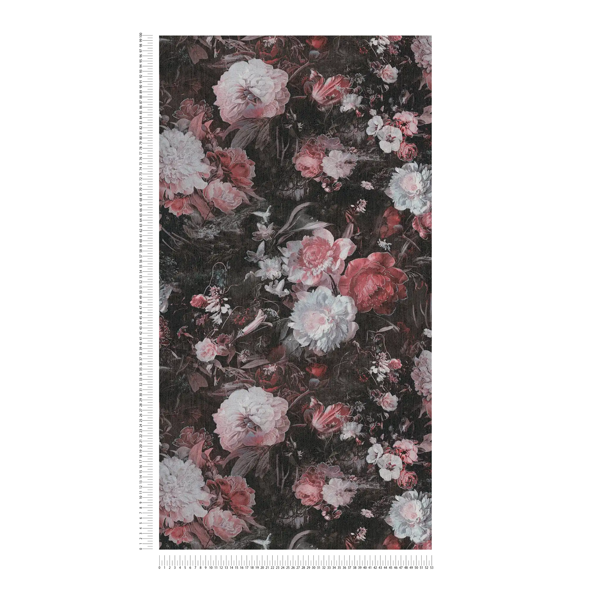             Vintage stijl rozen behang - metallic, zwart, wit
        