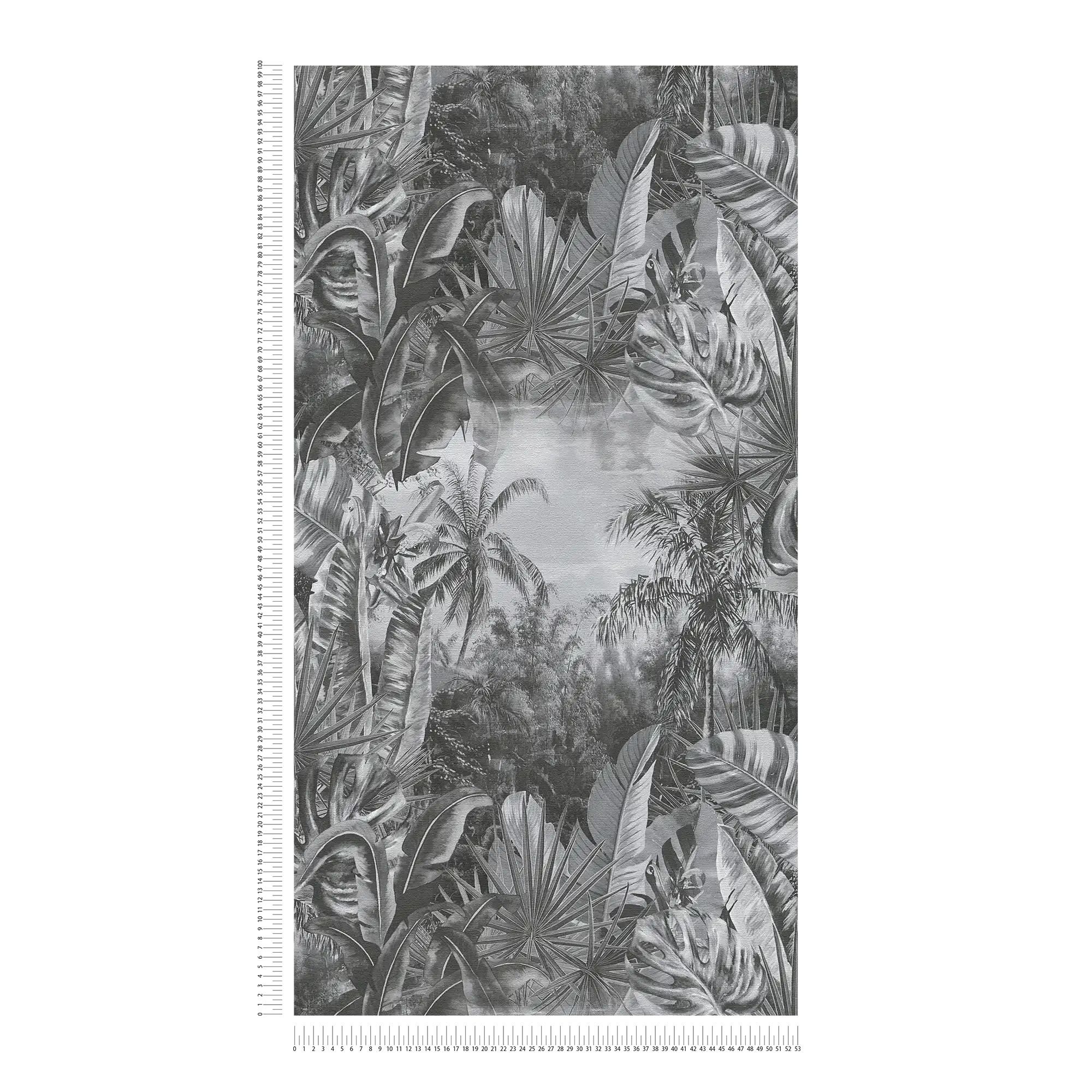             Zwart en wit behang jungle patroon met palmbomen
        