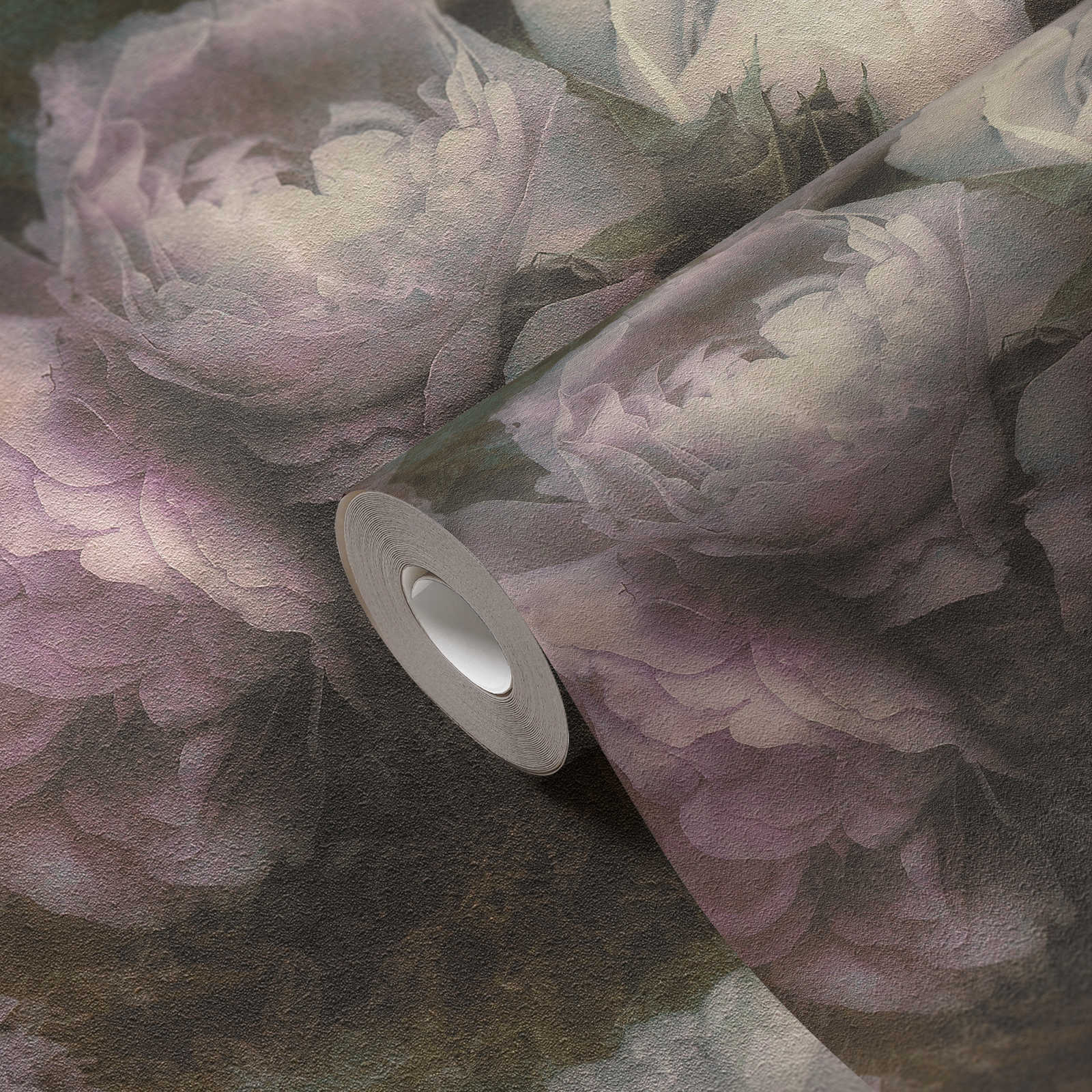             papel pintado peonías en estilo vintage - violeta, gris, blanco
        