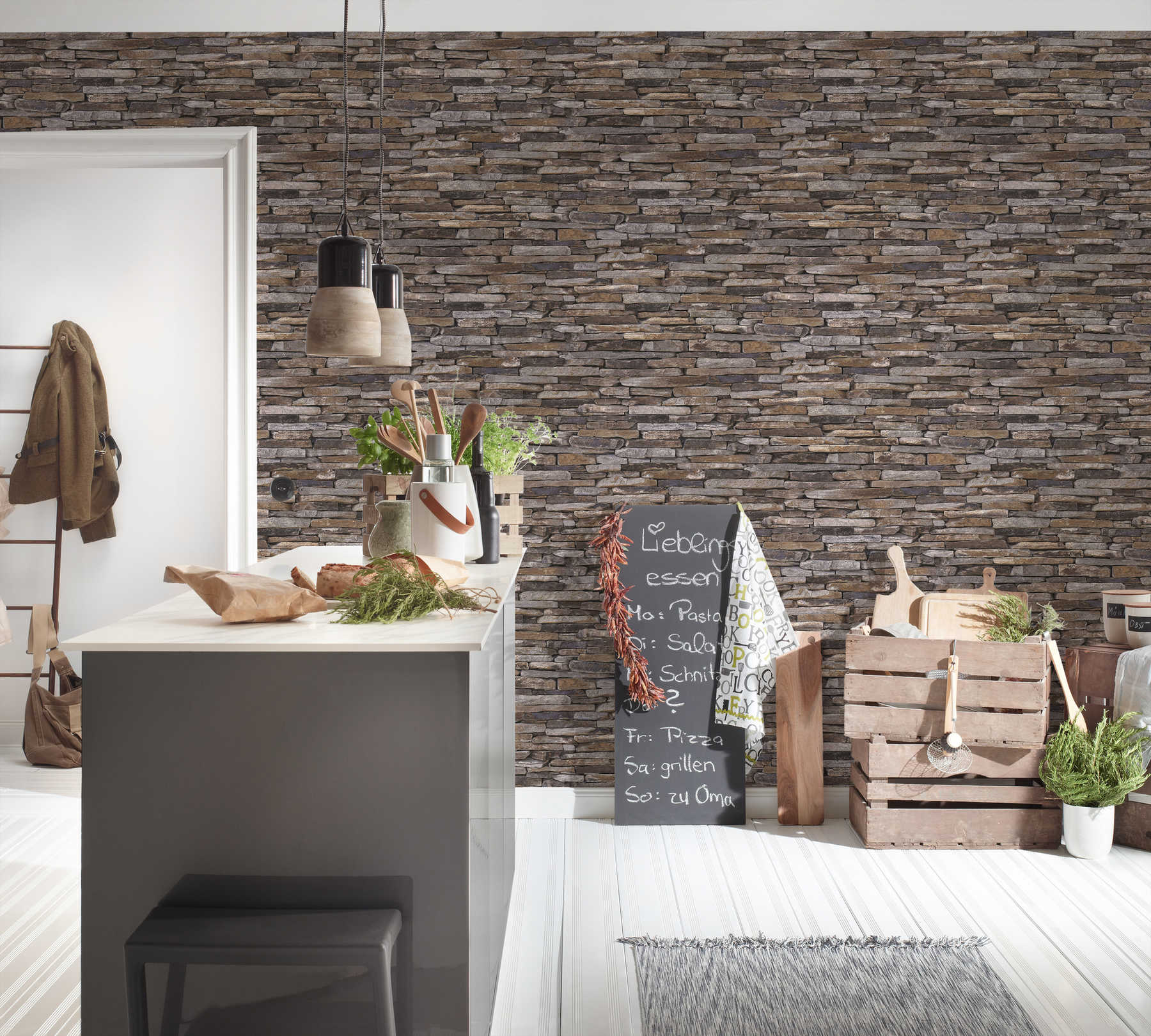             Stone wallpaper with dry stone wall & realistic natural stone - brown, beige, yellow
        