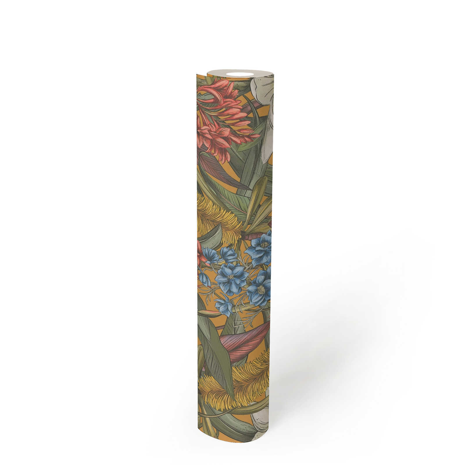             Floral style jungle wallpaper with leaves & flowers textured matt - multicoloured, yellow, green
        