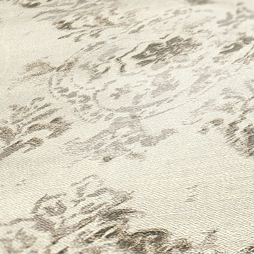             Ornament wallpaper with linen structure in vintage look - metallic, cream, beige
        
