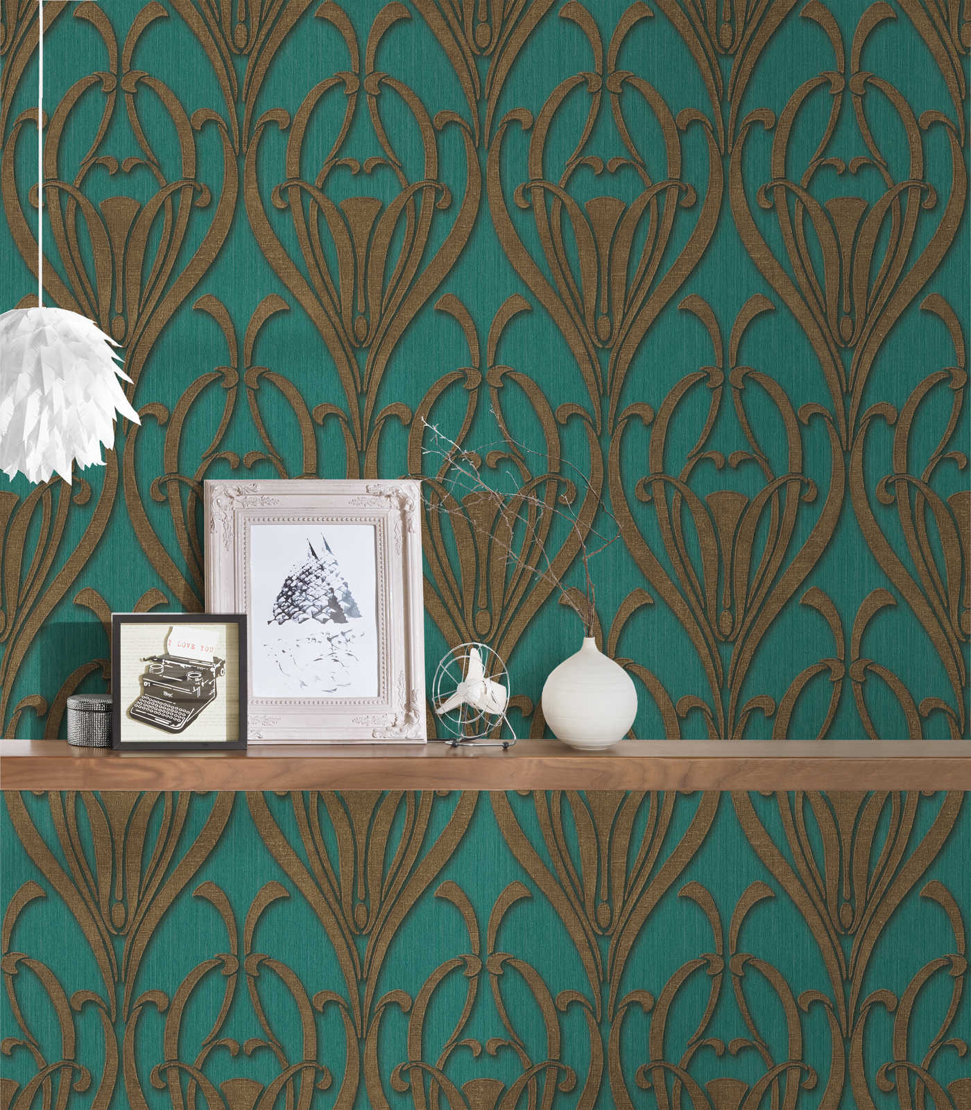             Art Deco wallpaper petrol & gold pattern with texture effect
        