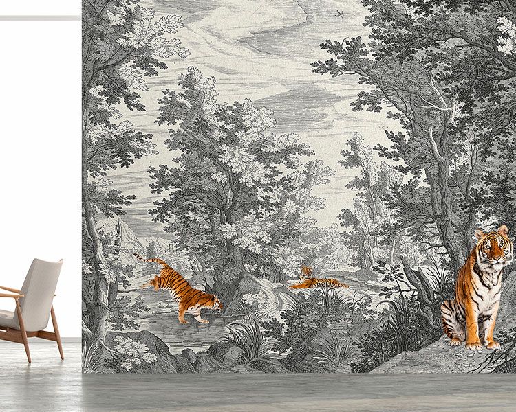 Jungle wallpaper mural with tiger in classic drawing style DD121880