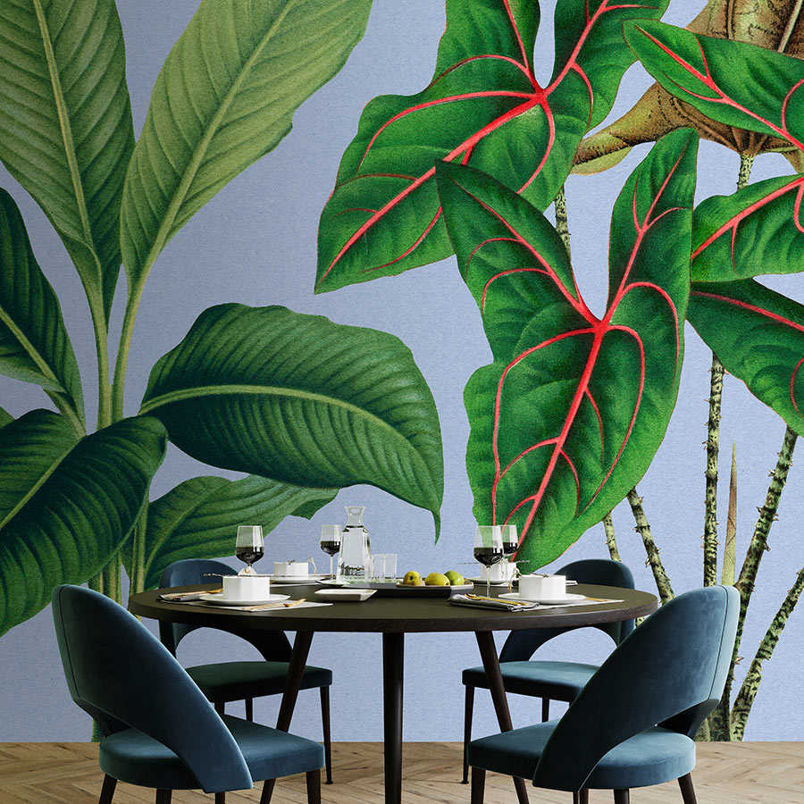 Jardín de hojas 1 - Hojas de papel pintado de fotos azul con plantas tropicales
