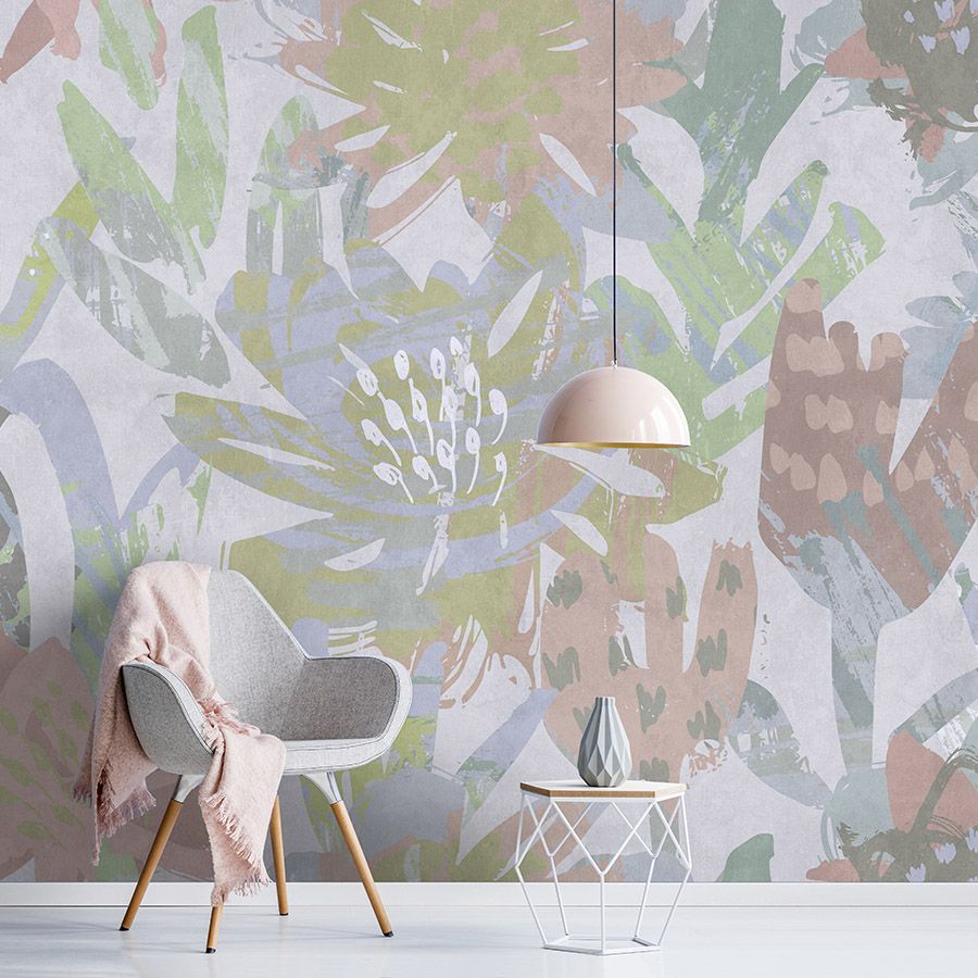 Fotomural »sophia« - Motivo floral colorido sobre textura de yeso de hormigón - Material no tejido de alta calidad, liso y ligeramente brillante
