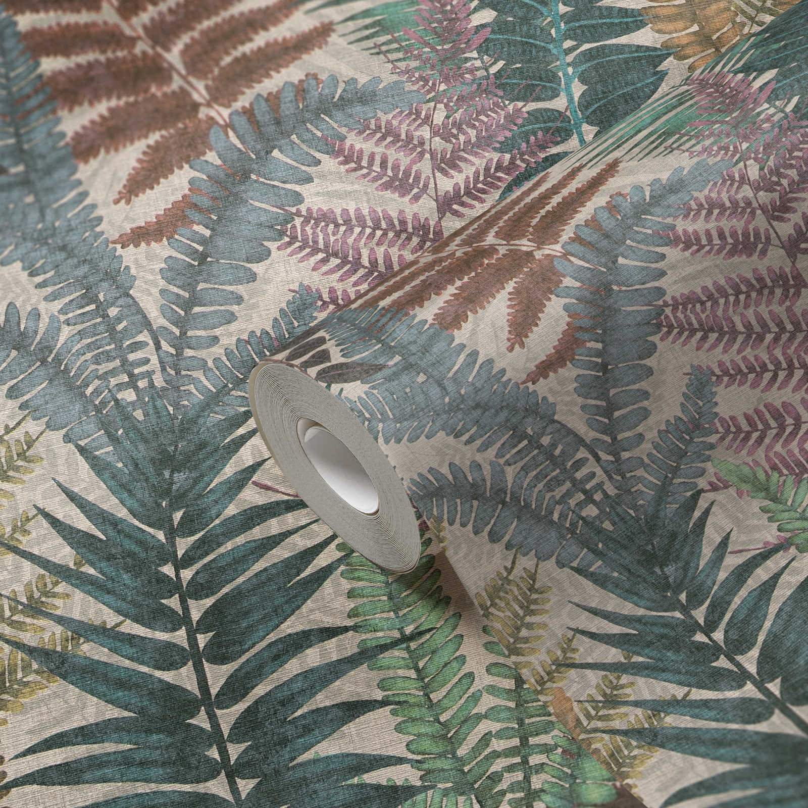             papier peint en papier floral avec feuilles de fougère légèrement structuré, mat - multicolore, beige, vert
        