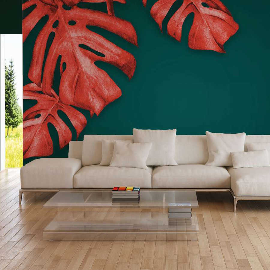 Papier peint panoramique avec palmier dessiné - rouge, turquoise
