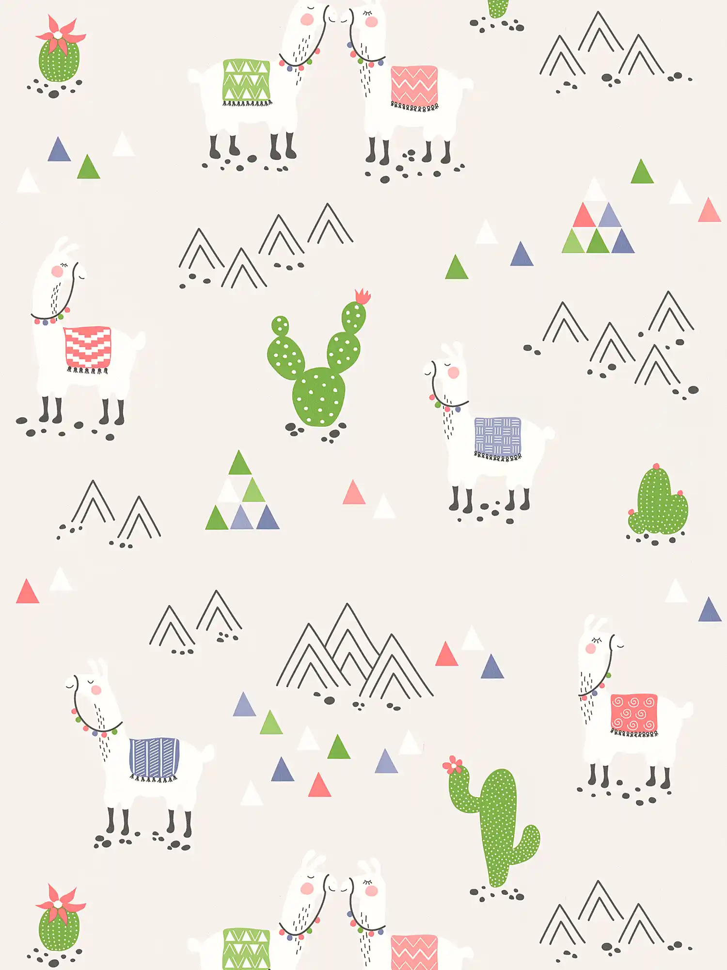 Nursery wallpaper llama colourful pattern & textile look- grey,
