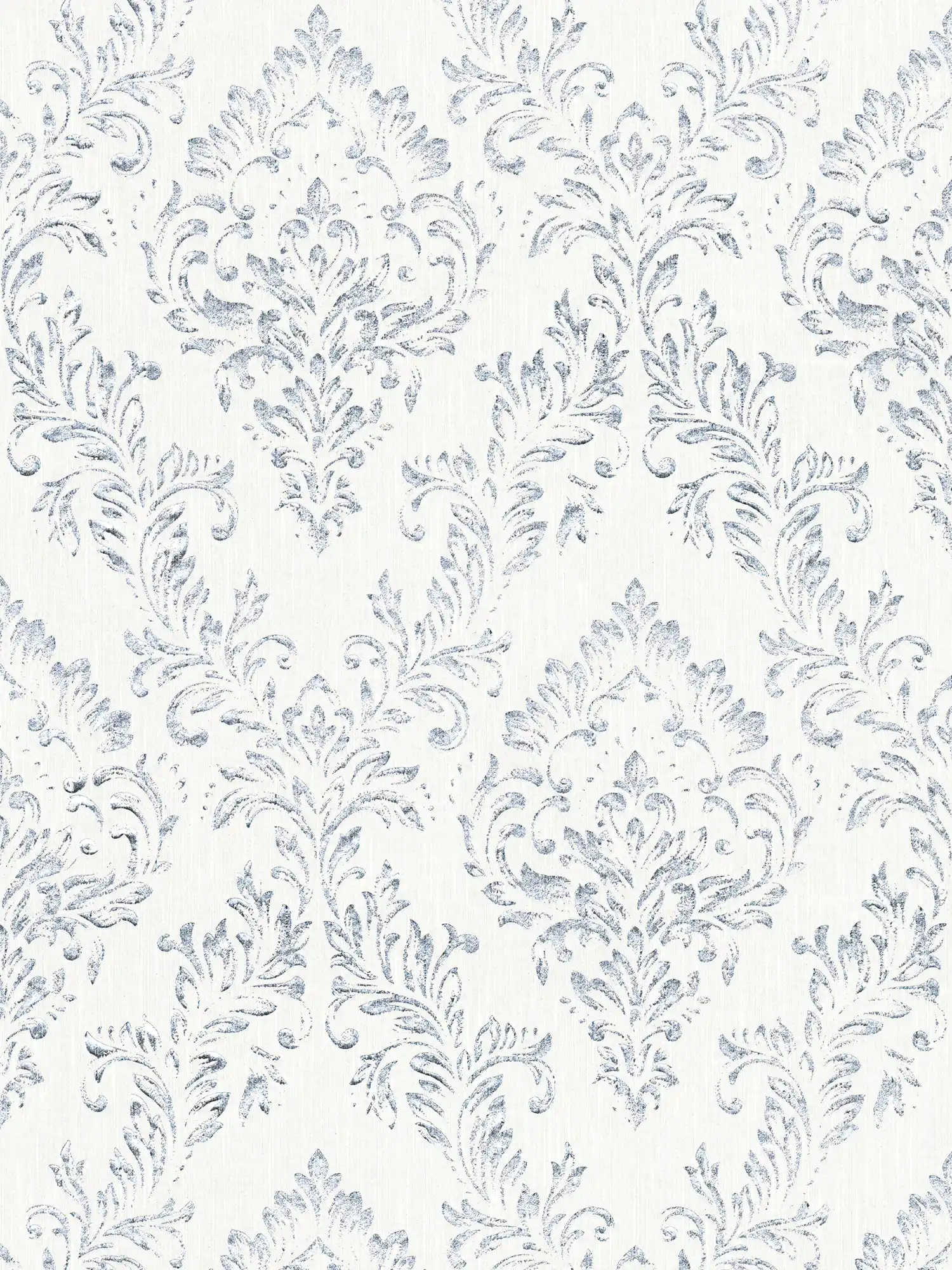 Papier peint ornemental dans un design floral avec effet scintillant - argent, blanc
