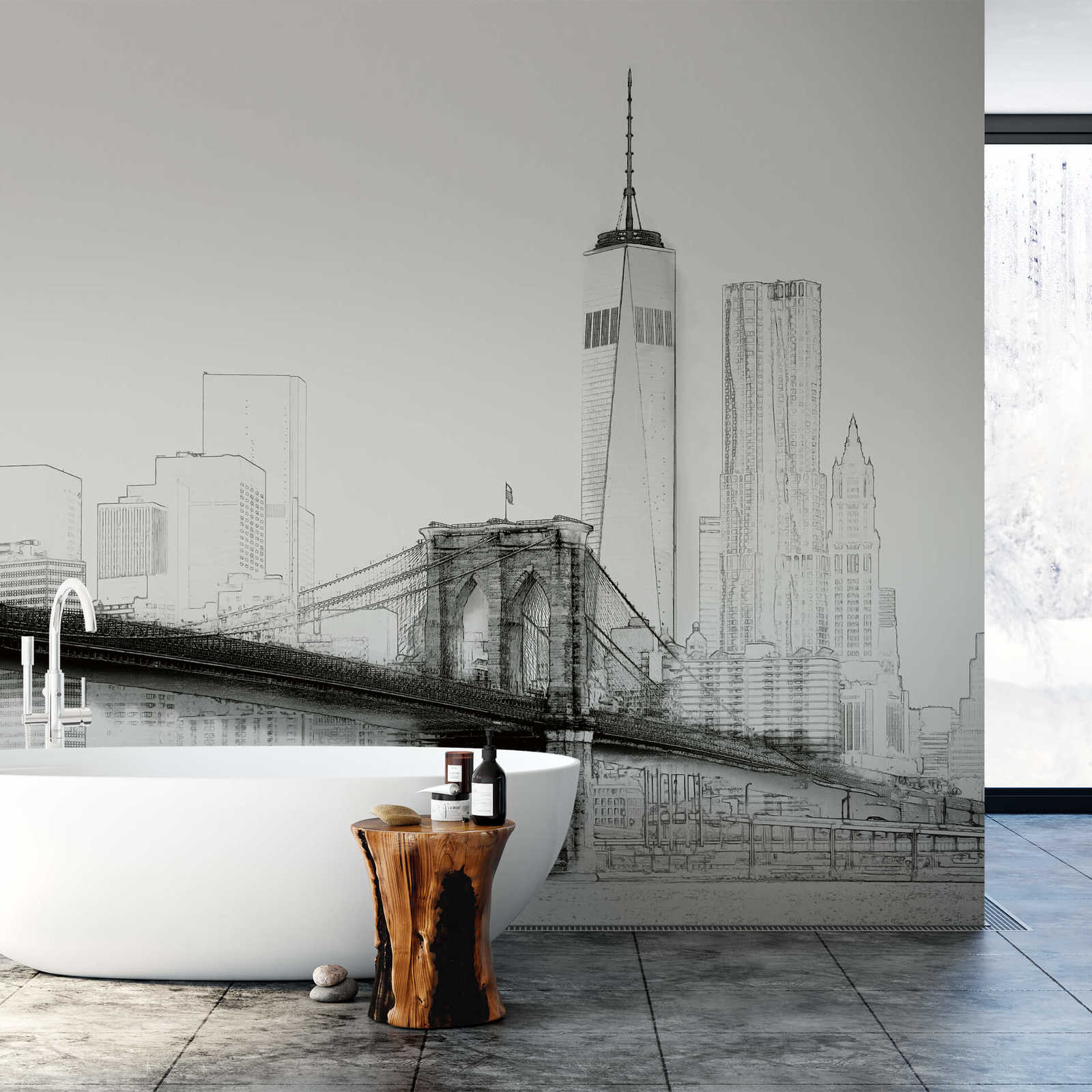             Black and white photo wallpaper sketch New York City skyline
        