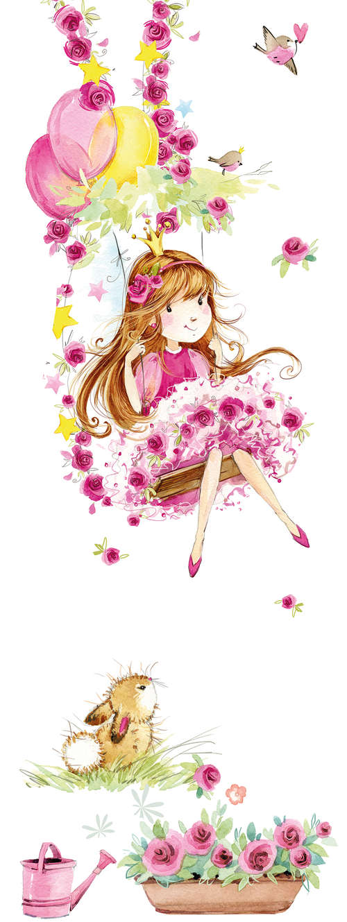            Papier peint panoramique enfant Princesse sur balançoire fleurie sur intissé lisse nacré
        