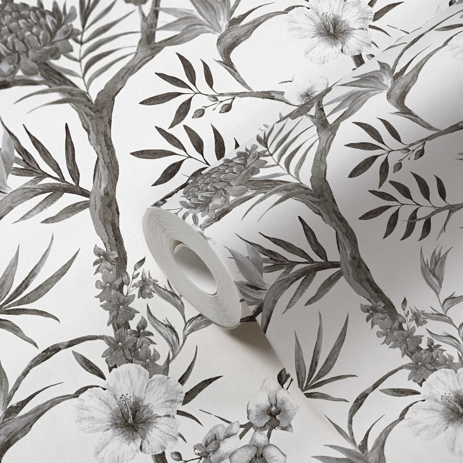             Papel pintado no tejido de flores de la selva en colores sutiles - negro, blanco, gris
        