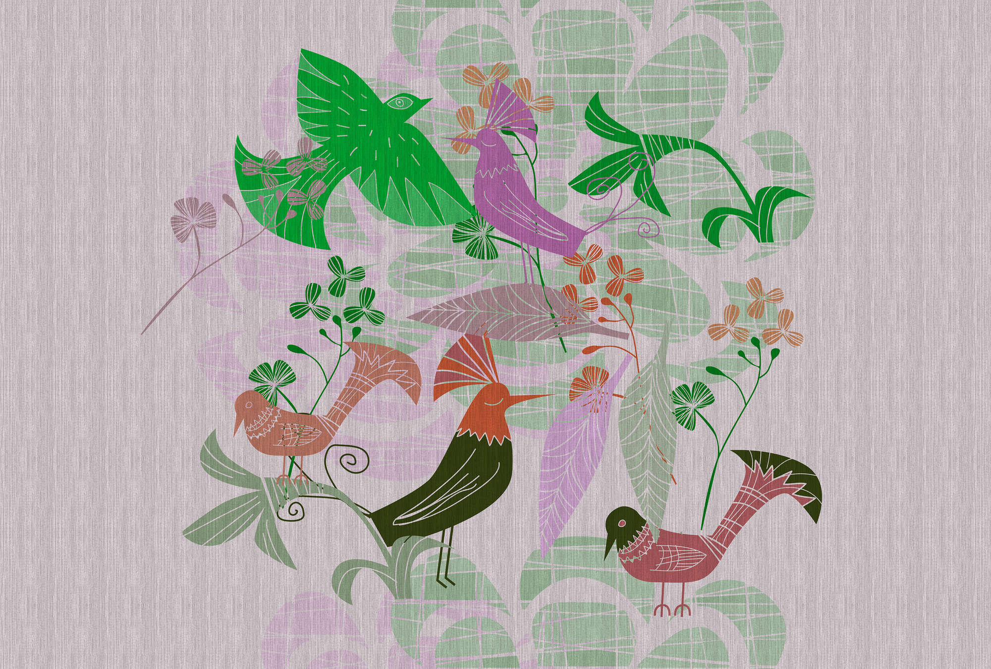             Birdland 2 - Papier peint rétro à motif d'oiseaux dans le style scandinave
        