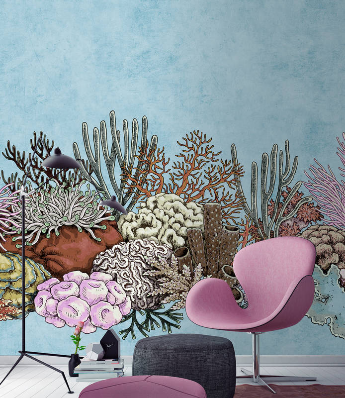             Octopus's Garden 1 - Underwater Wallpaper with Corals in Blotting Paper Texture - Blue, Pink | Texture Non-woven
        