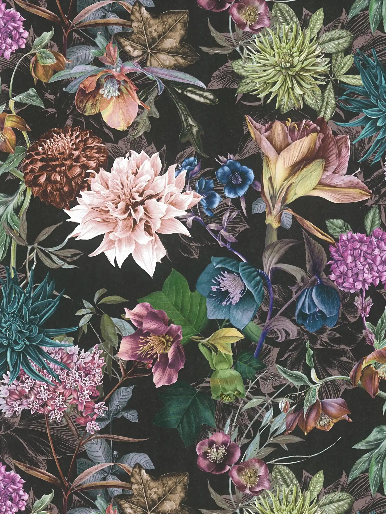 Papel Pintado Floral con Fondo Negro - Colorido, Negro
