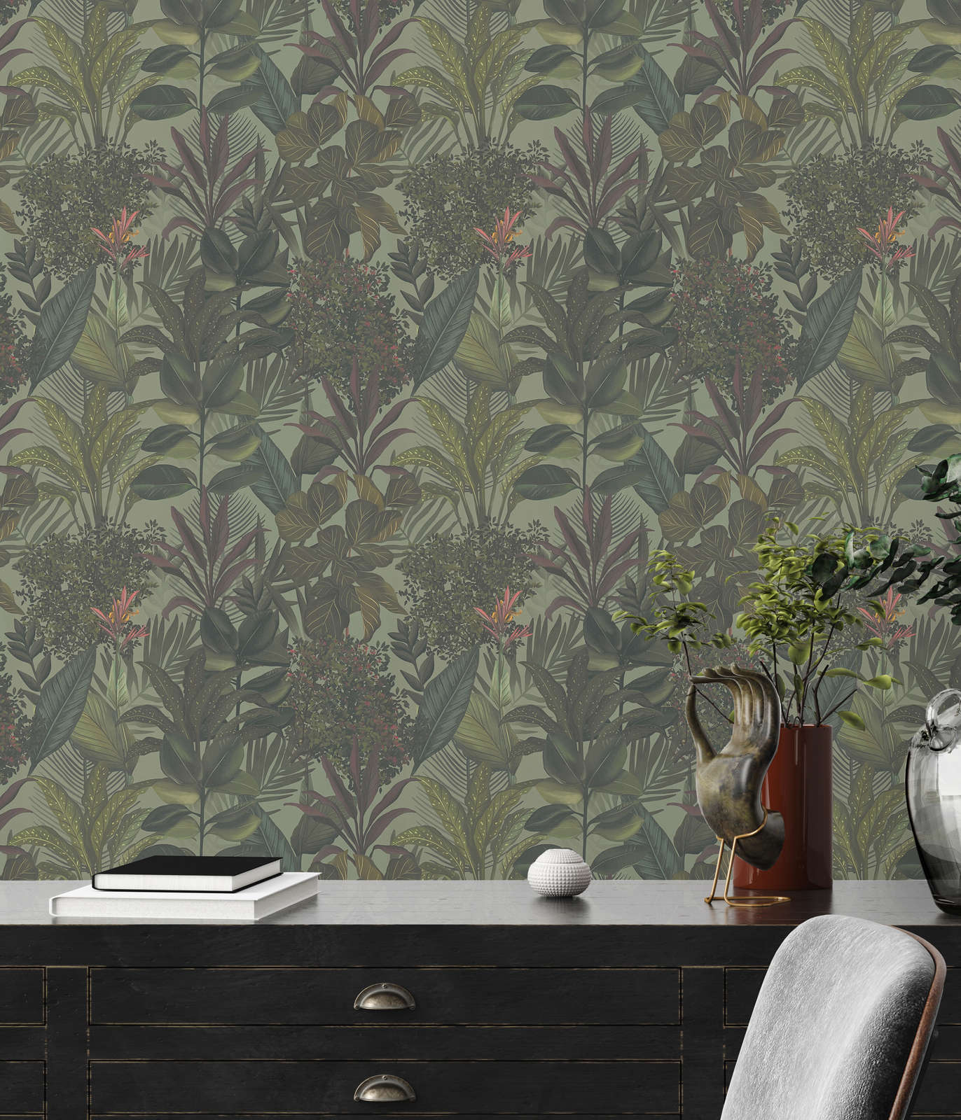             Modern wallpaper floral with leaves & grasses textured matt - green, dark green, bordeaux
        