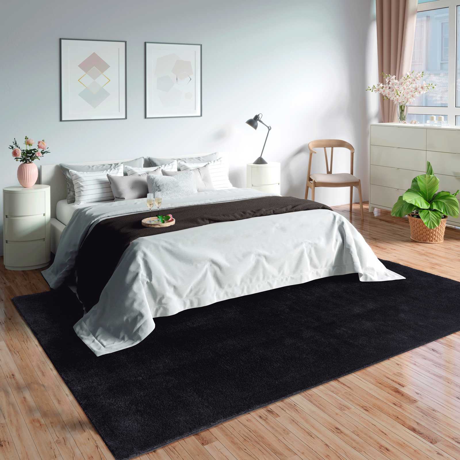 Fluweelzacht hoogpolig tapijt in zwart - 110 x 60 cm

