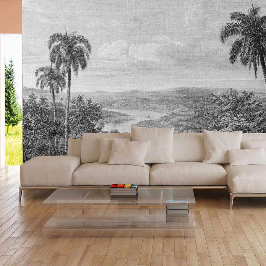 Papier peint panoramique Vue sur la forêt tropicale avec optique de structure en lin - gris, noir
