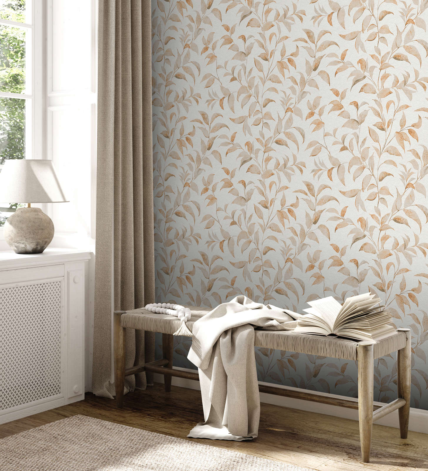             Leaves wallpaper floral shimmer textured - white, orange
        