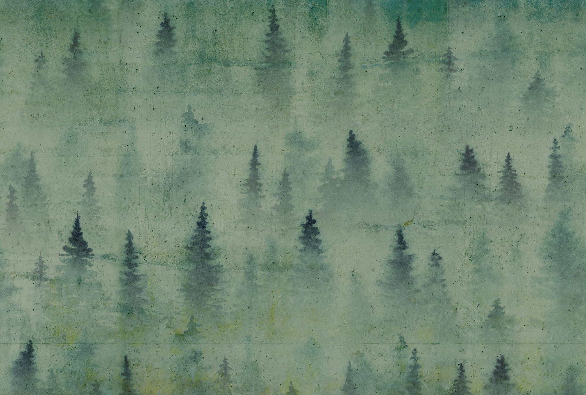             Papel pintado de hormigón con diseño de bosque de coníferas y aspecto usado - Verde
        