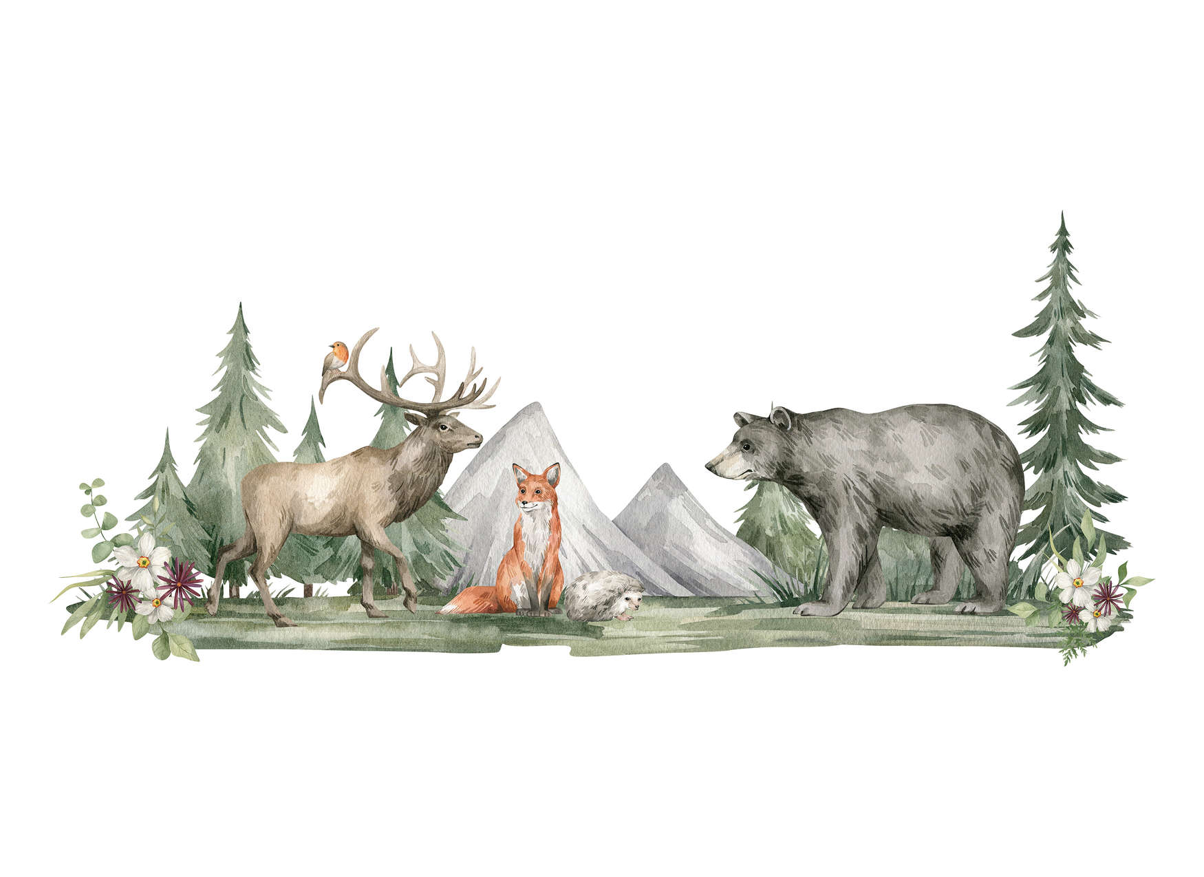             Papier peint panoramique chambre d'enfant avec des animaux dans la forêt - vert, marron, blanc
        