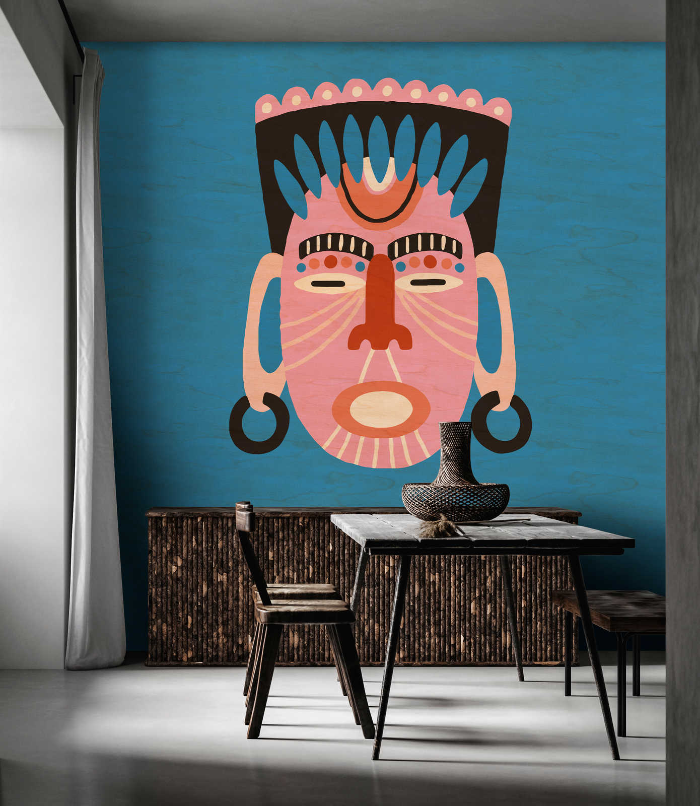             Overseas 3 - Blue mural ethnic design with mask
        