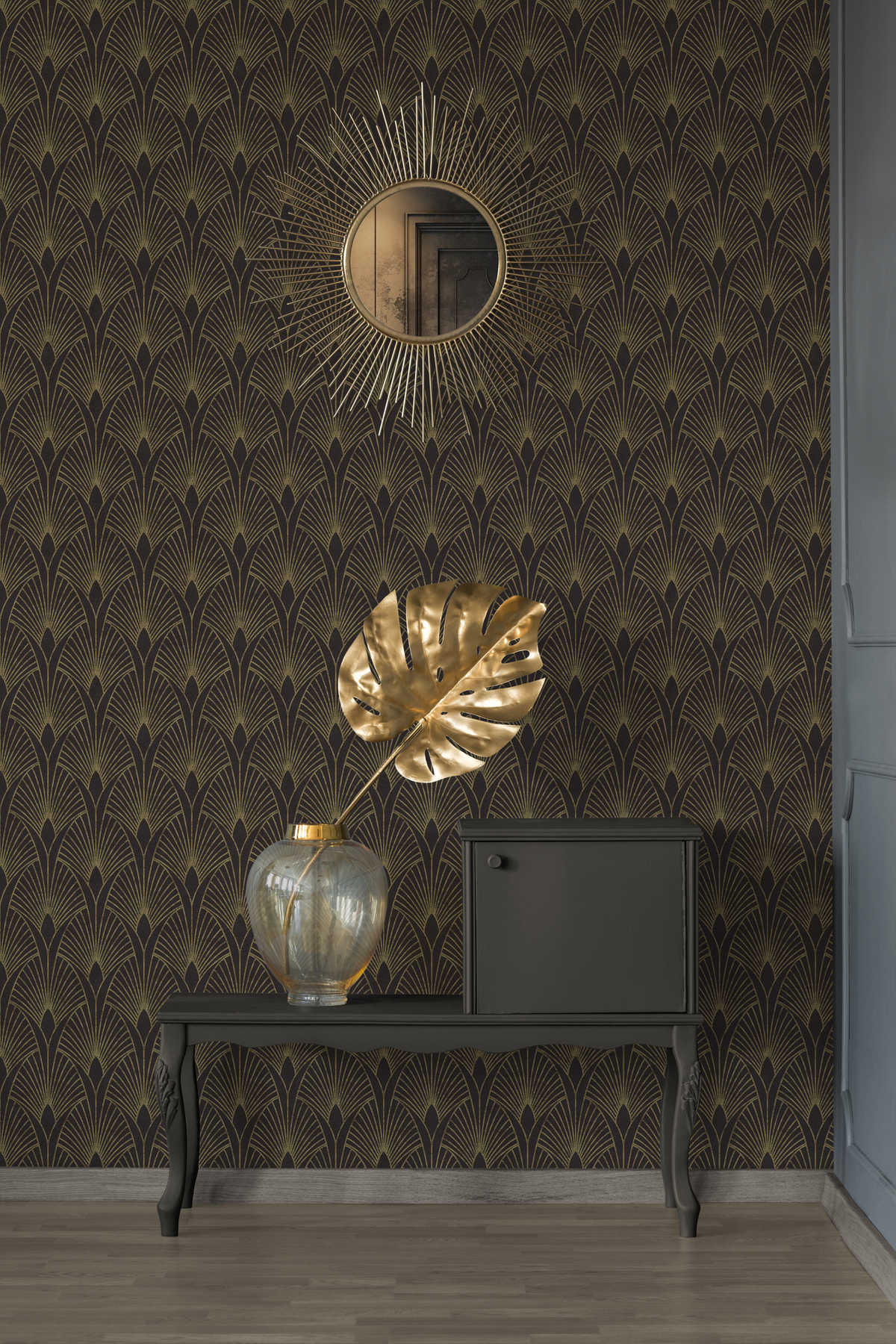             Art Deco Behang met Gouden Accenten - Zwart, Goud
        