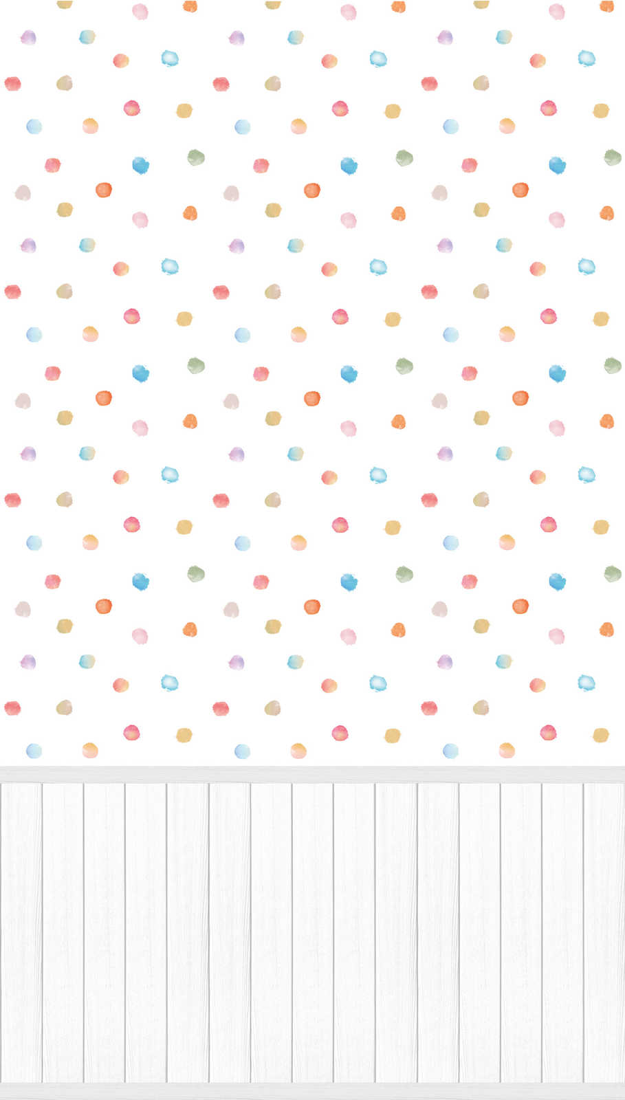             Non-woven motif wallpaper with wood-effect plinth border and dot pattern - white, grey, colourful
        