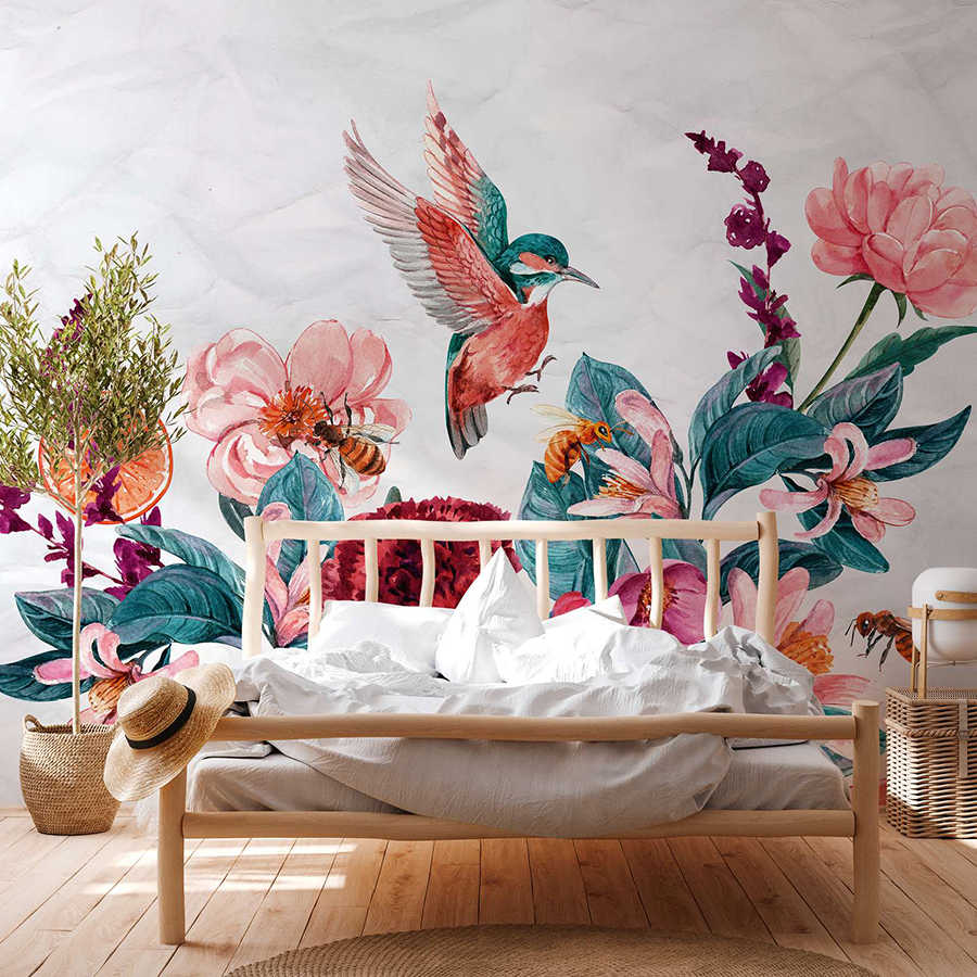 Papier peint fleurs & oiseaux sur fond 3D - rose, vert, blanc
