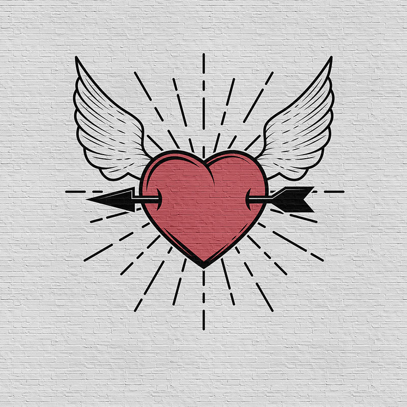 Tattoo you 1 - Rockabilly style photo wallpaper, heart motif - Grey, Red | Matt smooth fleece
