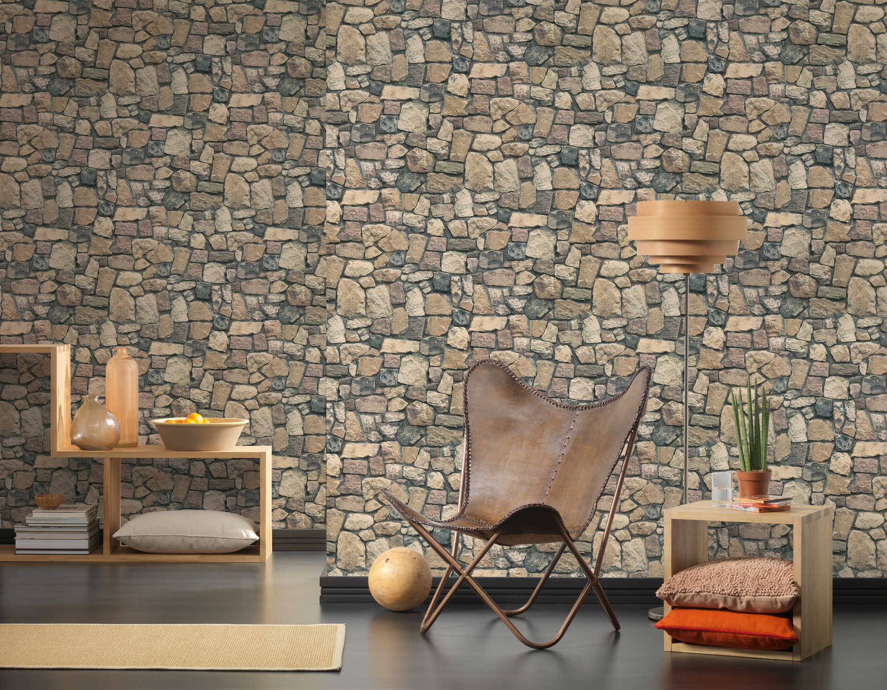             Non-woven wallpaper wall optics with 3D natural stones - colourful
        