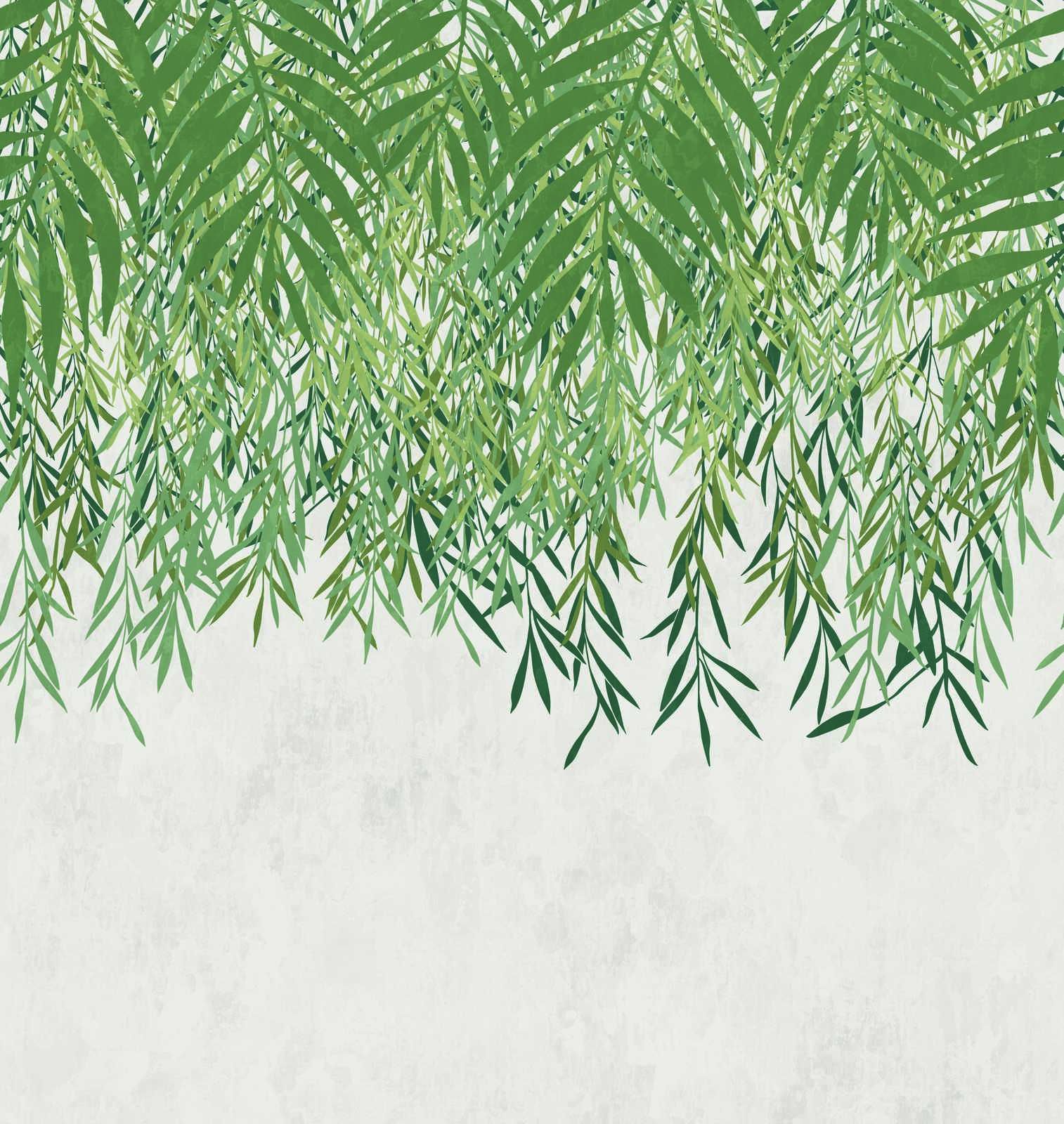             Papel pintado no tejido con motivo de hojas grandes sobre aspecto de hormigón - verde, crema, gris
        