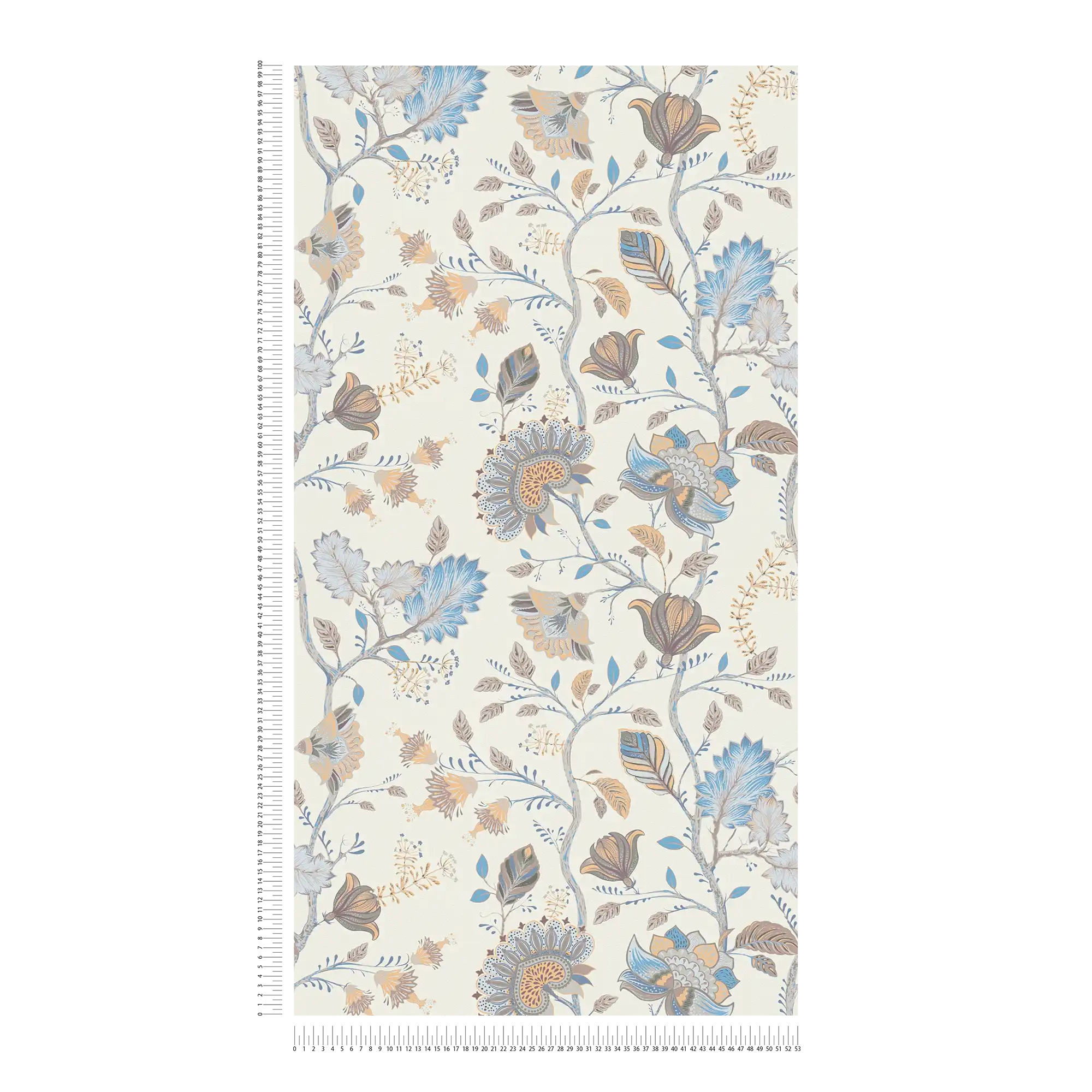             Papel pintado no tejido con motivos florales - azul, crema, gris
        